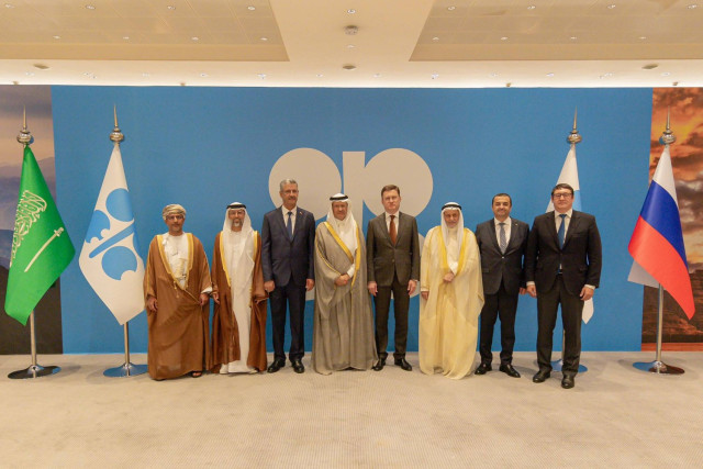 Saudi Arabia, Riyadh: Ministers of Saudi Arabia, Russia, Iraq, United Arab Emirates, Kuwait, Kazakhstan, Algeria and Oman pose for a photo during the 37th OPEC+ ministerial meeting